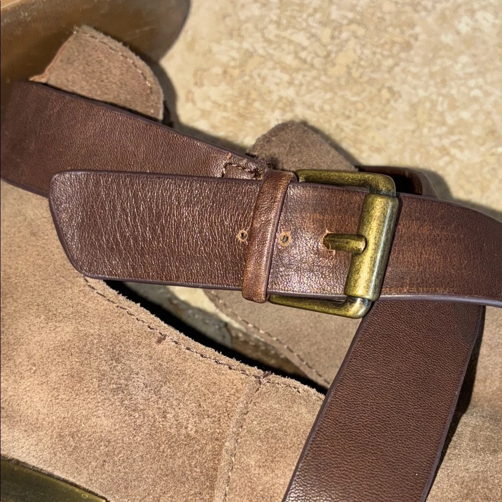 ISOLA Tan Suede Ankle Booties, brown Leather straps, brass heel strips. 6.5 EUC